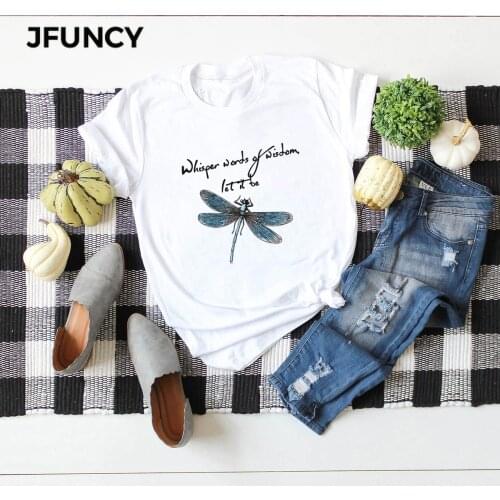 JFUNCY Women Cotton T-shirts Summer Plus Size O-Neck Short Sleeve Women T Shirt New Dragonfly Print Multicolor Female Tees Tops