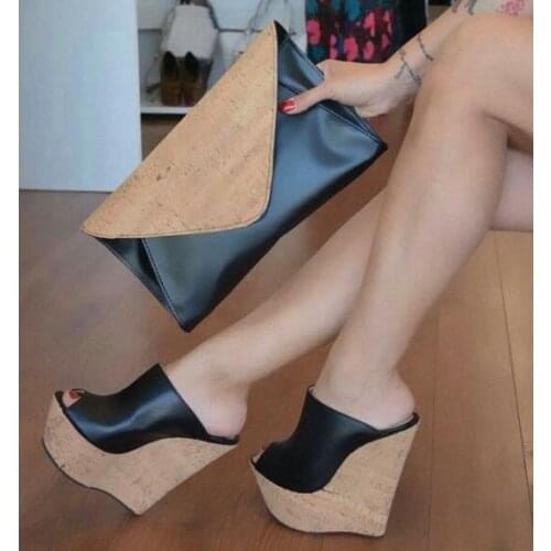 Moraima Snc Black Cork Platform Sandals Peep Toe Wedge Heel Mules Summer Sexy Sandals for Woman Super High Black Leather Slides