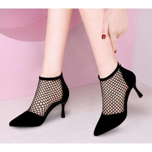 Women Summer Black Boots Velvet High Heel Fishnet Sexy Ankle Boots Pointed Toe Sandals Thin Heel Boots Casual Shoes 2021