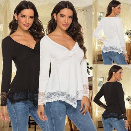 Women 2021 Autumn Elegant Lace Blouses Shirts Sexy V Neck Casual Long Sleeve Asymmetrical Solid Blusas Tops Oversized