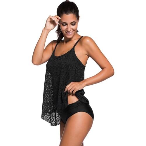 Plus Size Swimwear Women Black Tankini Tummy Control Swimwear Tank Top Retro Solid Swimsuit With Shorts Two Piece Bathing Suit