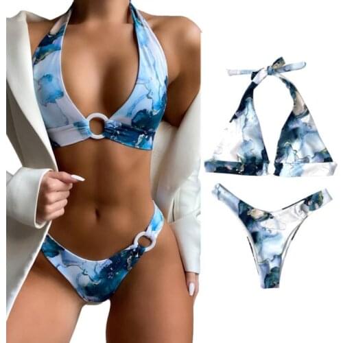 Summer Ladies Split Swimwear Set Adults Women Creative Irregular Ink Painting Ring Decoration Hanging Neck Sexy Bikini Swimsuit