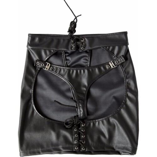 Black Faux Leather Open Hips Spanking Skirt Adult Exotic Sex Toys