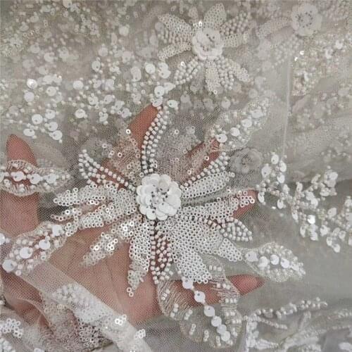 3D Bridal Wedding Dress Lace Fabric Luxury Sequin Evening Dress Ivory sell for 1 Yard For Bridal Lace
