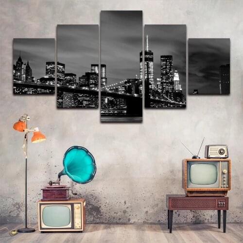 Canvas Painting Wall Art 5 Pcs New York Skyline Bridge Night View Poster Prints Modular Picture Home Decor Living Room No Framed