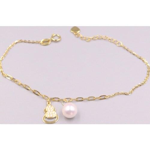 Au750 Real 18K Yellow Gold Bracelet For Women Female Natural Seawater Pearl 7mm Gold Bracelet 17cmL with Gourd Charms Jewelry