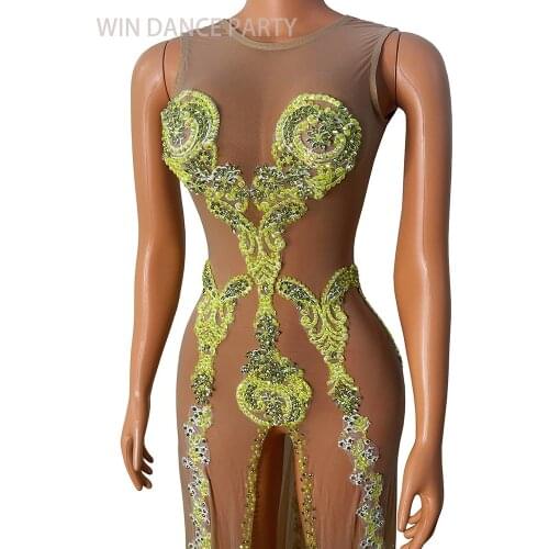 Sparkly Yellow Rhinestone Transparent Sexy Bodycon Open Folk Long Dress Sleeveless Sexy Clubnight Bar Singer Dress Stage Wear