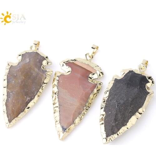 CSJA Arrowhead Pendant Assorted Natural Gem Stone Indian Agates Onyx Gold Color Necklace Energy Reiki Chakra Amulet Jewelry F968