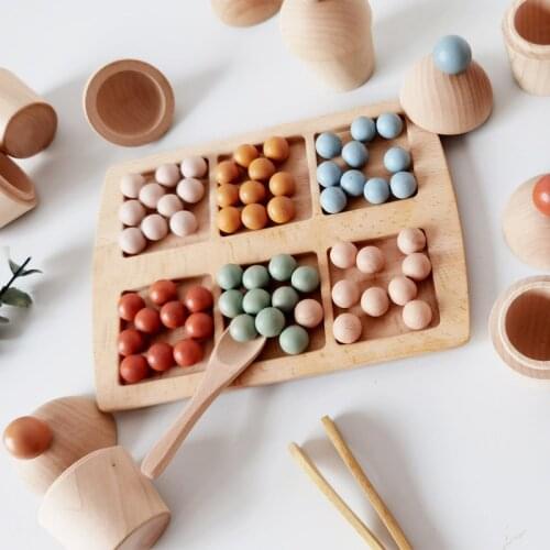 Kids Clip Beads Rainbow Toys Montessori Color Sort Game Early Educational Color Collection Wooden Cake Cup Fine Motor Training