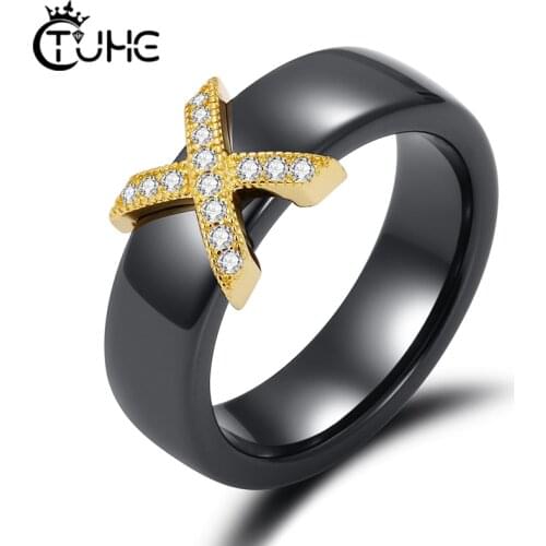 Smooth Black White Pink Blue Ceramic Rings For Women With AAA Crystal X Cross Wedding Band Ring 6mm Size 6-12 Engagement Jewelry