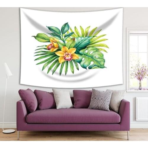 Tapestry Tropical Bouquet with Big Leaves Orchid Flowers Botanical Watercolor Style Illustration Green Yellow