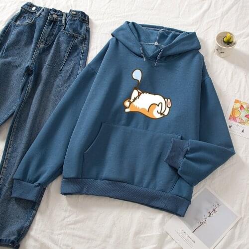 Grunge Aesthetic Hoodie Sweatshirts Women Plus Size Pullover Pocket Cotton Hoodies for Ladies Sleeping Corgi Cartoon Sweatshirt
