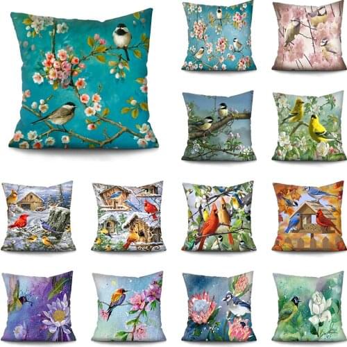 Oil painting bird cushion cover Double-sided printing cushion covers Chinese style Car Sofa Home Decor Pillow Case Funda Cojin