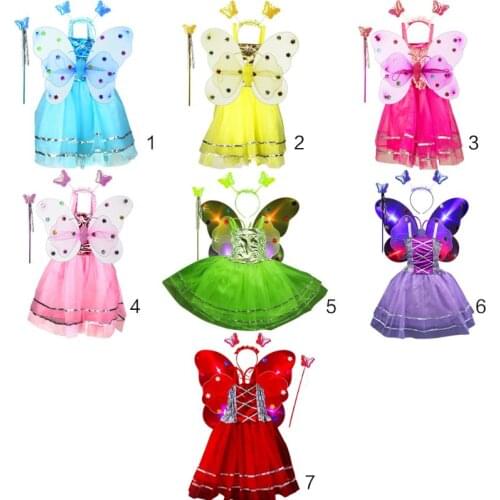 4Pcs Fairy Costume Set Princess Girls Sleeveless Long Tutu Dress LED Double Layer Butterfly Wand Headband Party Ages 3-10