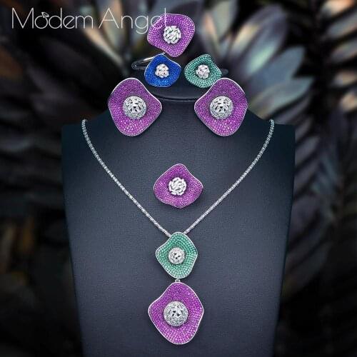 ModemAngel Luxury Gemoetric Flower leaf Necklace Jewelry Sets For Women Wedding Cubic Zircon CZ Dubai Gold Bridal jewelry Set