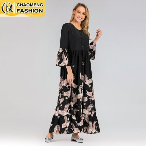 Muslim Fashion Modest Latest Design Print Floral Front Open Buttons Loose Sleeve Maxi Dresses Women Arabic Islamic Clothing