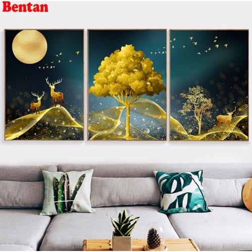DIY Diamond Painting cross stitch 3pcs set,Abstract Golden Tree Leaves Landscape Diamond Embroidery Triptych painting mosaic kit