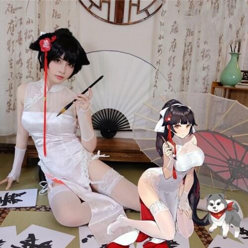 2018 New Game Azur Lane Takao Cosplay Costume Womens White Cheongsam Deluxe Satin Halloween Carnival Costumes Uniforms Dress