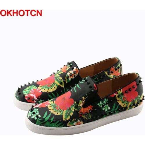 OKHOTCN Handmade Fashion Leather Slip On Men Loafers Casual Shoes Rivets Studded Round Toe Flower Printing Spikes Men Flat Shoes