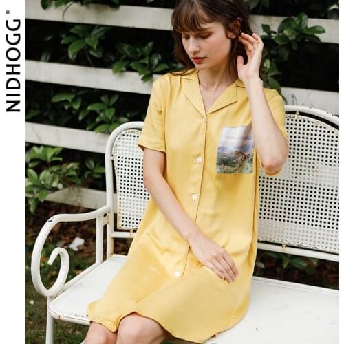 Summer French Retro Nightgowns Short-sleeved Sleeping Dress Oil Painting Pocket Night Wear Satin Sleepshirts Women Sleepwear