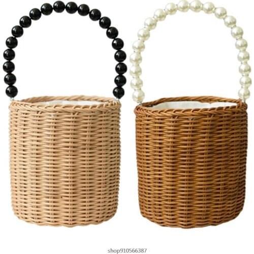 Portable Round Rattan Woven Storage Bag with Pearl Handle Rattan Basket Picnic Bag Picnic Photography Props Household Wholesales