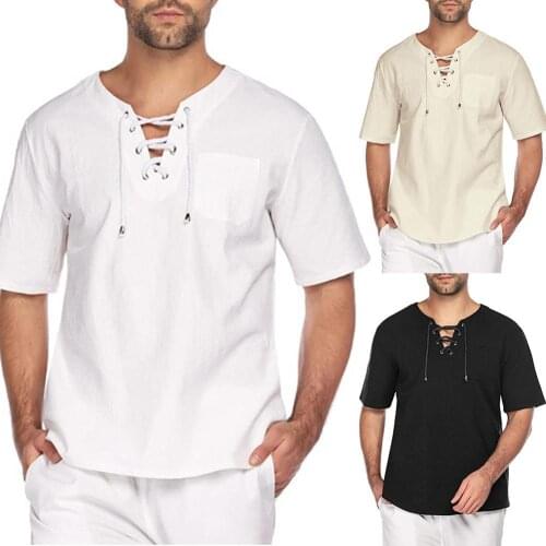 Casual Summer Men Solid Color Short Sleeve Bandage Pocket Linen T-shirt Top