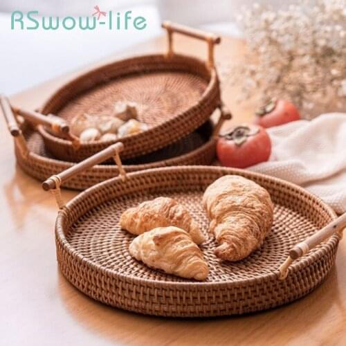 Practical Wooden Tray Hand-woven Storage Tray Cake Fruit Snack Service Tray Storage Basket For Kitchen Supplies