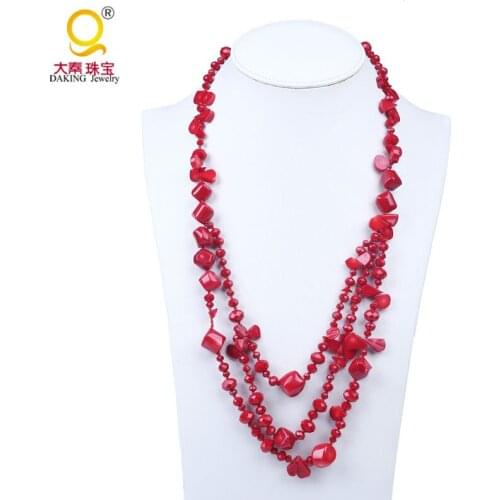 Romantic red coral necklace irregular shape coral beads necklace bling bling crystal jewelry women party necklace