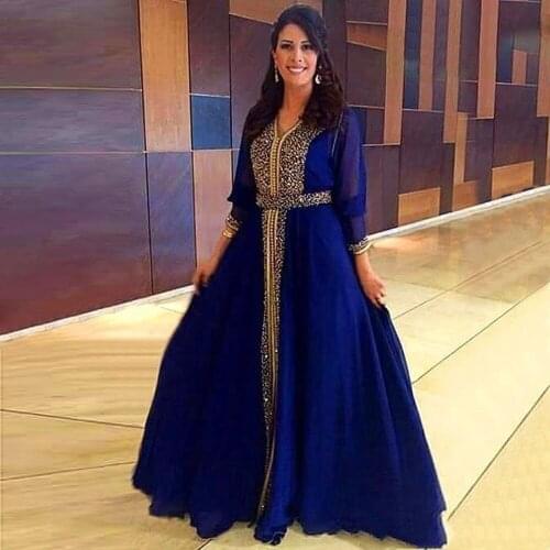Luxury Sparkly Gold Beaded Muslim Evening Dresses Dubai Kaftan Formal Party Moroccan Royal Blue Prom Dresses Floor-Length Mother