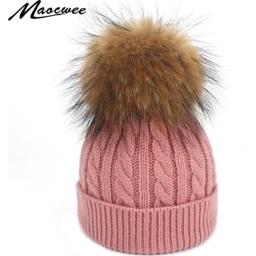 Pom Pom Hat Kids Children Real Fur Pompom Winter Fur Crochet Knitted Beanies Caps Skullie Hats Warm Soft Cap Bone Nature Raccoon