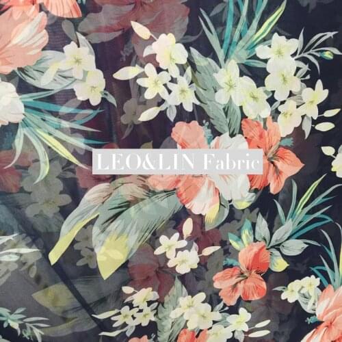 LEO & LIN Imtate Silk Chiffon Hawaii Flower Dress Leaf Blue Beige Yellow Shirting DIY Light Soft Summer Fabric Sewing 50cm
