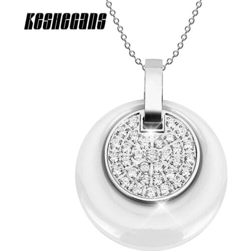 Trendy Round Black White Ceramic Pendant Necklace Women Fashion Porcelain Jewelry Shining Crystal Steel Statement Necklaces Gift