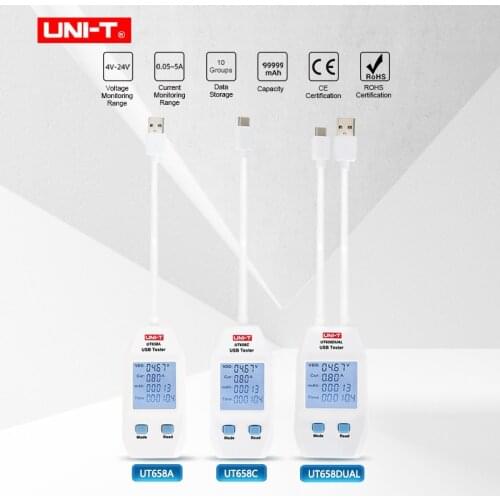 USB Tester UNI-T Voltage and Current Monitors Volt Ampere Digital Product Charger Capacity Meter with Data Storage UT658A/C/DUAL