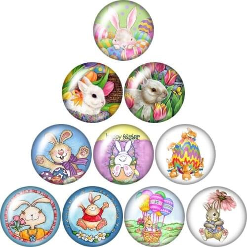 Happy Easter Day Spring Rabbit egg 10pcs 12mm/18mm/20mm/25mm Round photo demo glass cabochon flat back Making findings