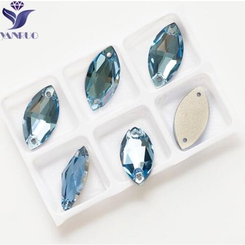 YANRUO 3223 All Sizes Aquamarine Glitter Diamond Flatback Navette Sew On Crystal Two Holes Strass Stones