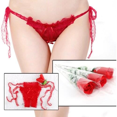 Women Exotic Panties Sexy Red Rose Lace Open Crotch Briefs Thongs G-Strings Sexy Temptation Back Hole Lingerie Underwear for Sex