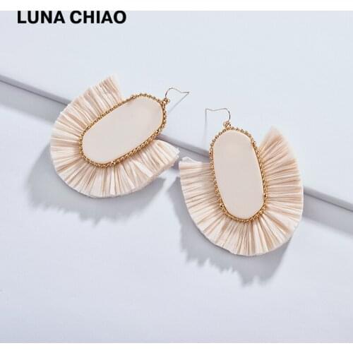 LUNA CHIAO Fashion Fabulous Fancy Designer Fringed Raffia Tassel Big Oval Acrylic Resin Statement Earrings for Women