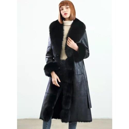 Real Sheepskin Coat Long Women Winter Genuine Sheepskin Jacket With Natural Fox Fur Genuine Leather Jacket Coats With Belt 2021