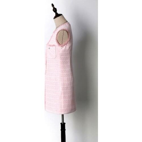 New Designer 2020 Pink Sweet Tweed Dress Summer O-Neck Sleeveless Ladies Dresses Luxury Slim Beaded A-Line Dress Streetwear XS-L