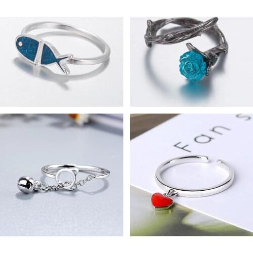 Fashion Cute Fish Rings for Women Vintage Flower Black Finger Ring Cuff Jewelry Friendship Gifts Couple Wedding Accessories 2021