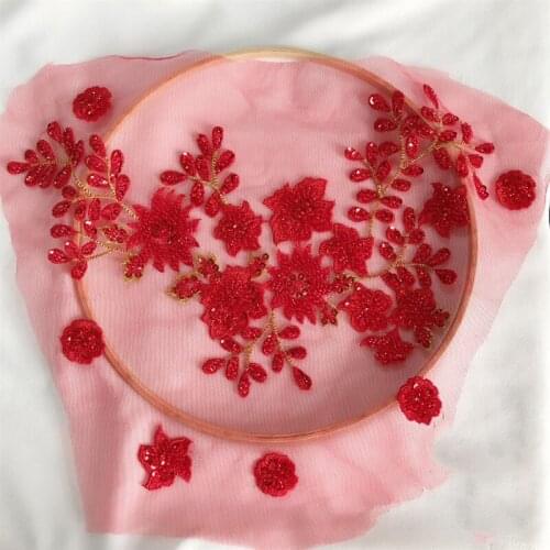 1 Piece Embroidery Bridal Lace Applique Sequins Beaded Tulle DIY Wedding Dress Red Pink