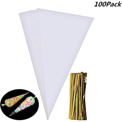 100pcs/lot DIY Candy Bag Wedding Favors Birthday Party Decoration Sweet Cellophane Transparent Cone Bags Cookies Flower Storage