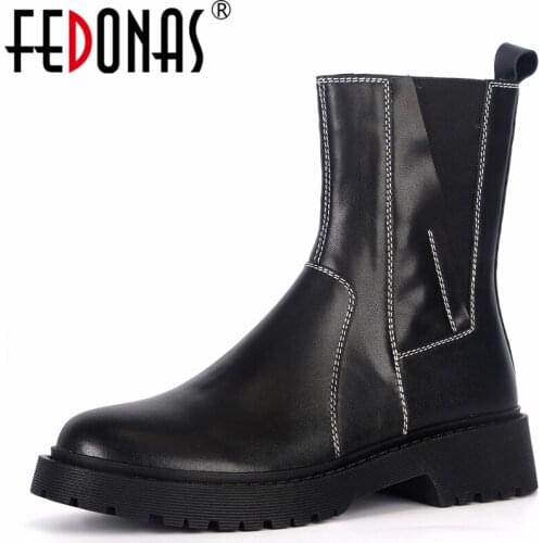 FEDONAS Casual 2021 Newest Women Ankle Boots Splicing Genuine Leather Fashion Thick Heels Autumn Winter Round Toe Shoes Woman