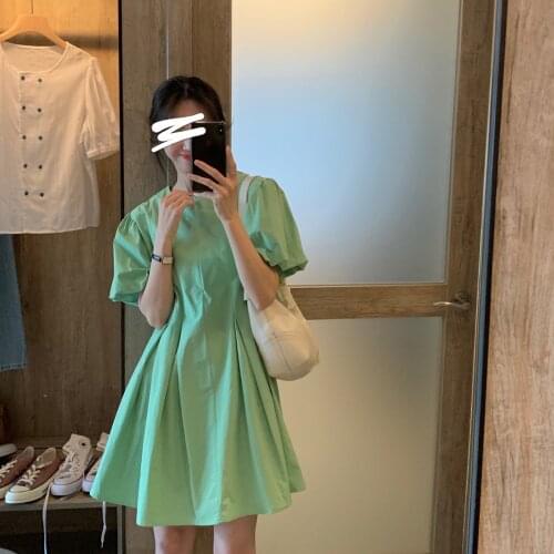 Summer new pleated simple solid color dress loose skirt