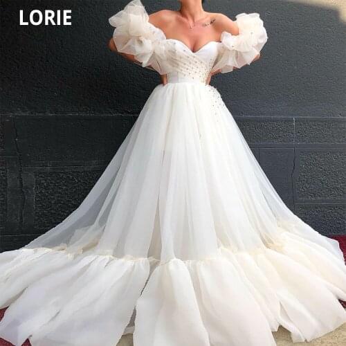 LORIE Organza Prom Dresses Formal Off Shoulder Beading Evening Gowns Beach Boho Beauty pageant Dresses with Lacing Plus Size