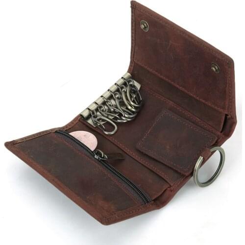 Men Vintage Key Holder Organizer Wallet Genuine Leather Women Key Bag With Zipper Coin Purse