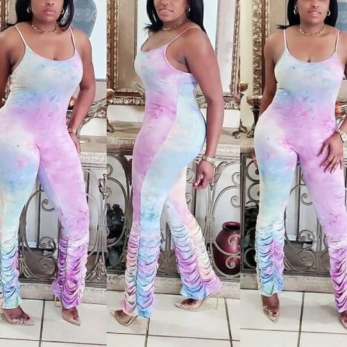 BKLD New Arrival Tie-dye Sling Jumpsuit Long Pants Slim Off-shoulder Pleated Sexy Charming Fashion Women Romper Daily Streetwear