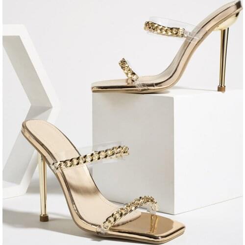 New Design Golden Chain Female Pumps Slippers Outdoor Fashion Heels Sandals For Women Slides Summer Shoesrfv4