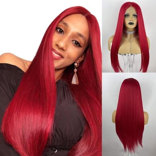 Lace Front Wigs Red Hot Long Silk Straight Hot Red Wig with Middle Part High Temperature Fiber For Women Cosplay Daily Use 22