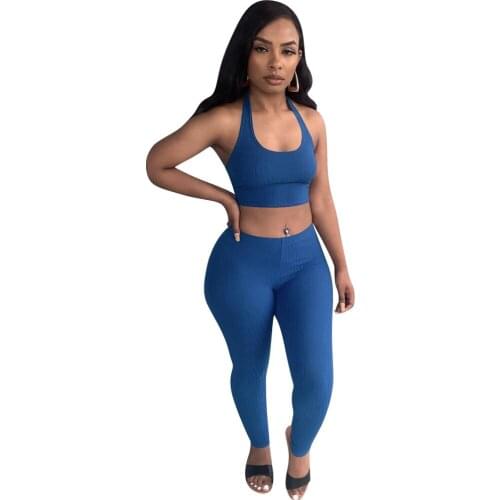 Sexy Sportswear 2 Piece Pant Suit Women Clothing Halter Neck Backless Knitted Crop Top and Pencil Legging Stretchy Tracksuits